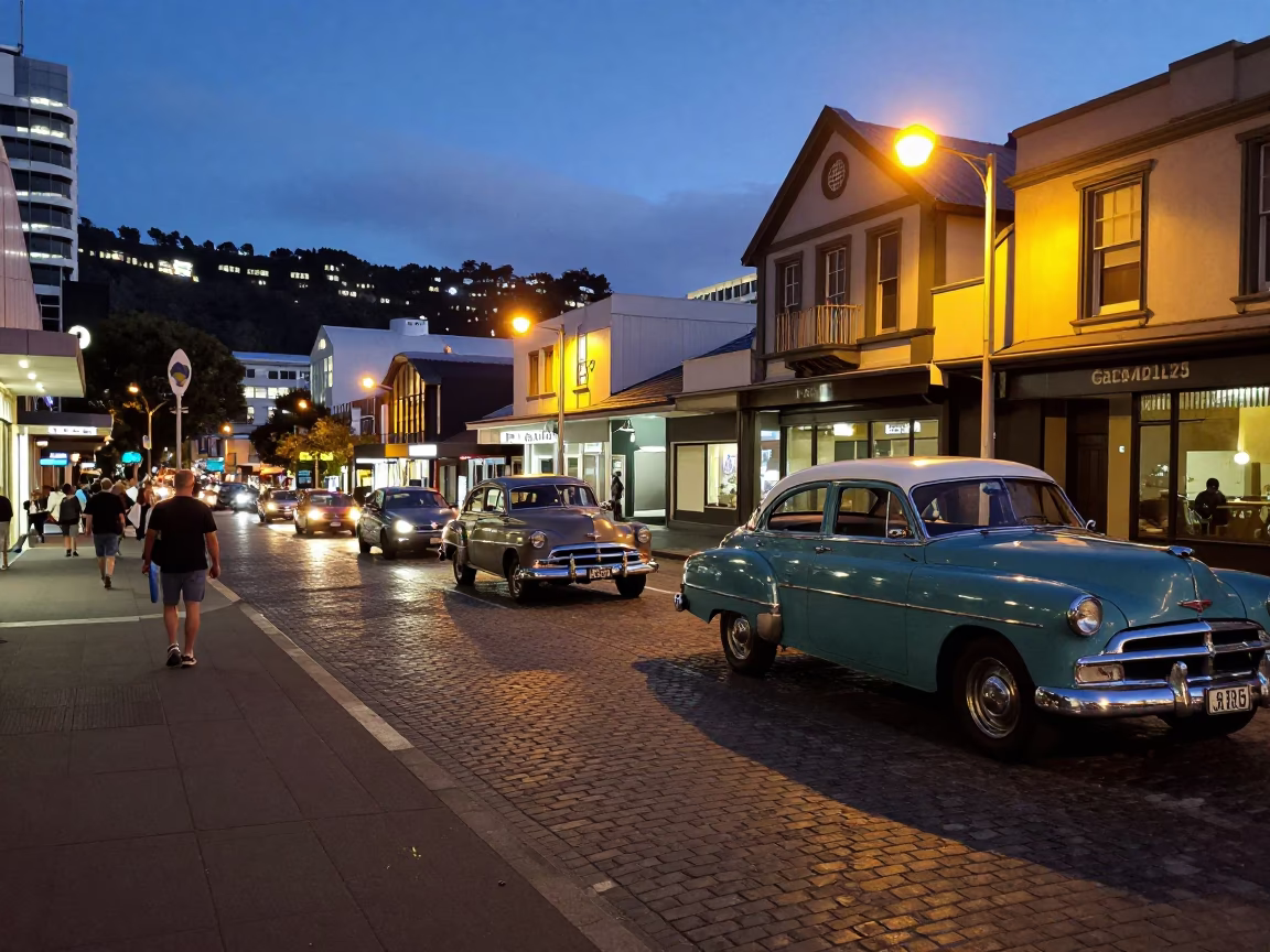 Wellington New Zealand Evening Street Scene with Vintage Cars and City Lights in in Wellington, New Zealand