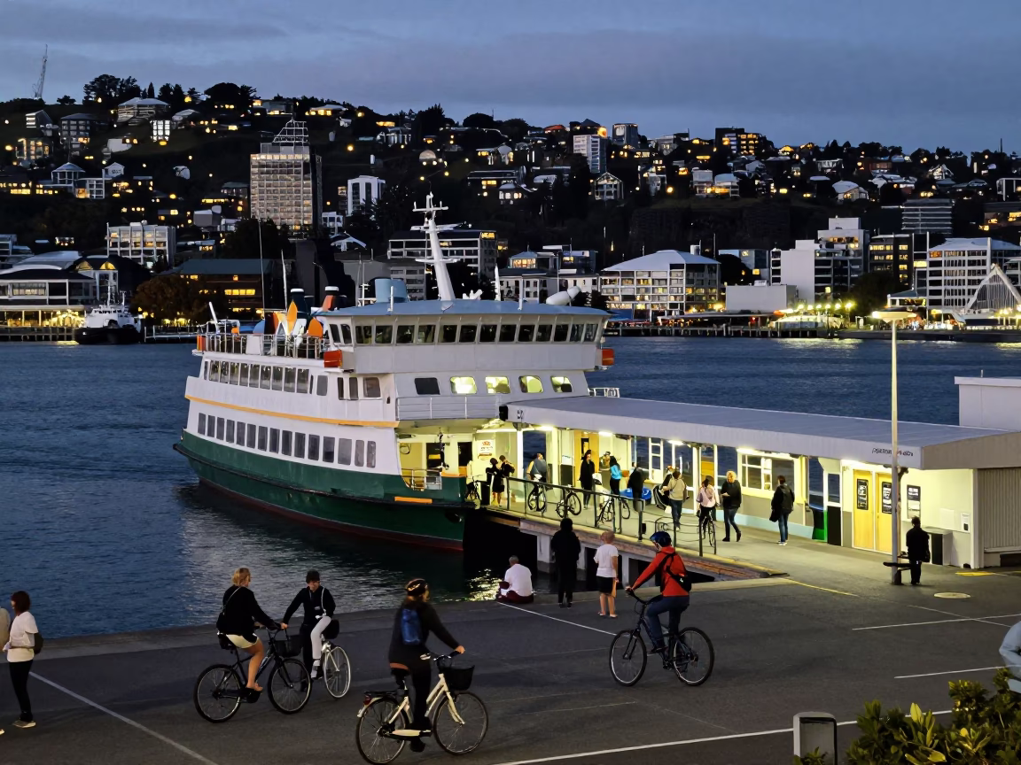 Wellington New Zealand Ferry Terminal at Dusk with Cyclists and City Lights in in Wellington, New Zealand