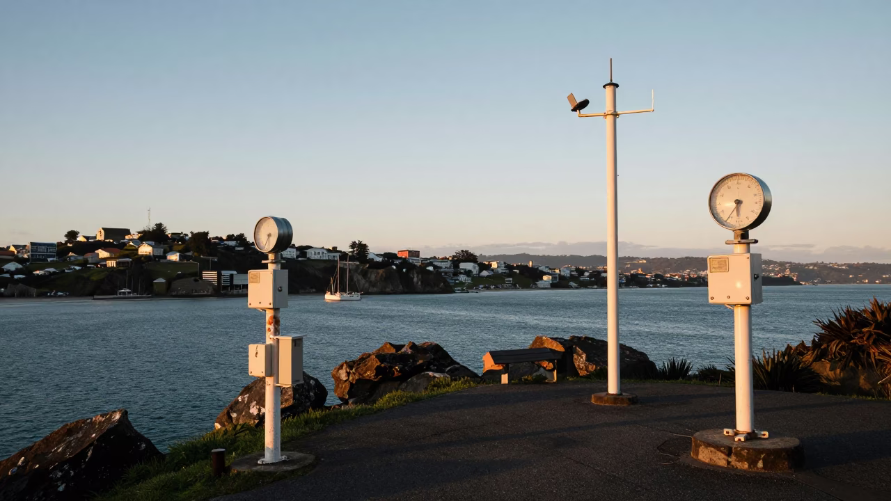 Wellington New Zealand Harbor Evening with Maritime Weather Instruments and Coastal Infrastructure in in Wellington, New Zealand