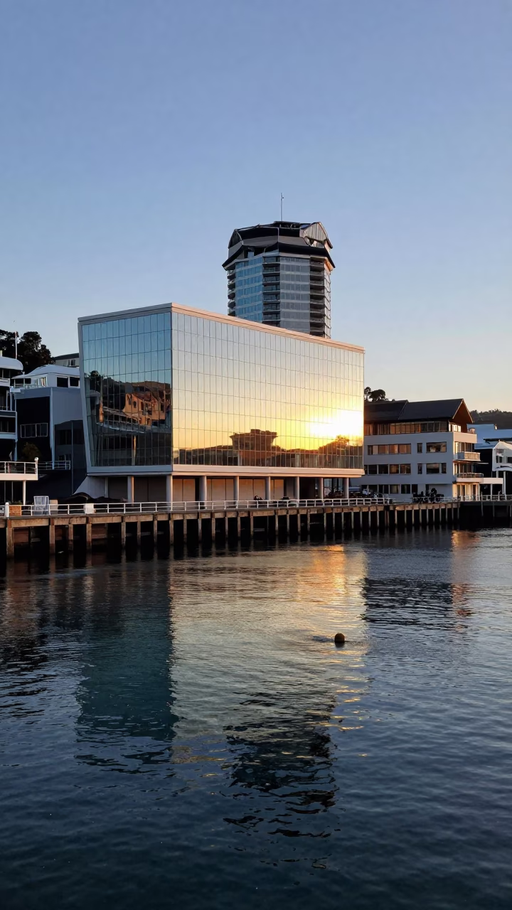 Wellington New Zealand Harbor Morning Light and Architectural Reflections at First Dawn in in Wellington, New Zealand