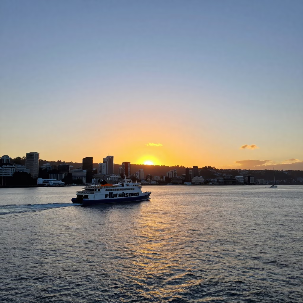 Wellington New Zealand Harbor Sunset View with Ferry and Urban Skyline in in Wellington, New Zealand