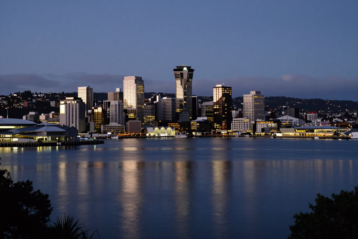 Wellington New Zealand harbor view at dusk with city lights reflecting on water in in Wellington, New Zealand