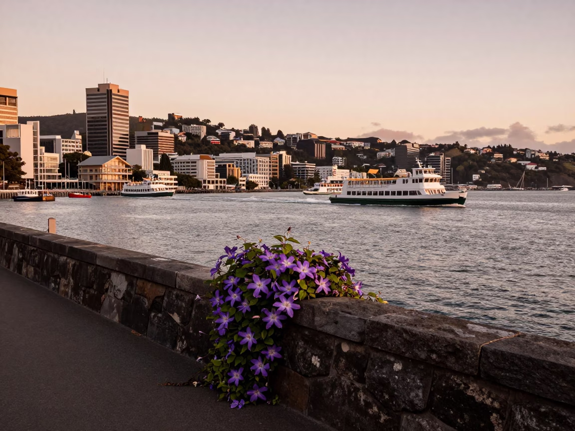 Wellington New Zealand Harbor View in Copper Toned Light Before Dusk in in Wellington, New Zealand