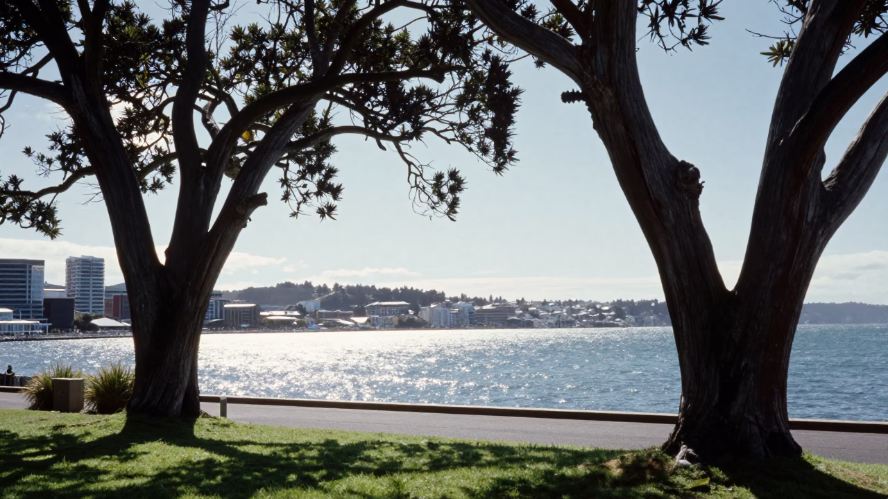 Wellington New Zealand Harbor View Under Flat Noon Glare with Twisted Coastal Cedar in in Wellington, New Zealand