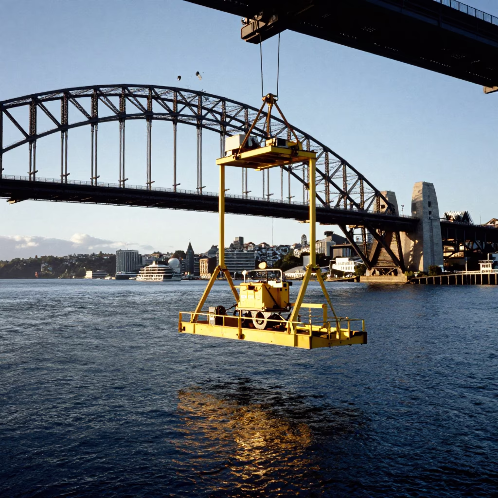 Wellington New Zealand Harbour Bridge Maintenance Cradle Over Water Late Afternoon in in Wellington, New Zealand