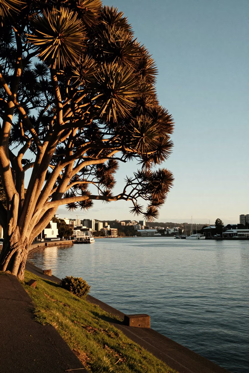 Wellington New Zealand Honeyed Evening Light Monkey Puzzle Tree Ripples and Drawbridge Scene in in Wellington, New Zealand