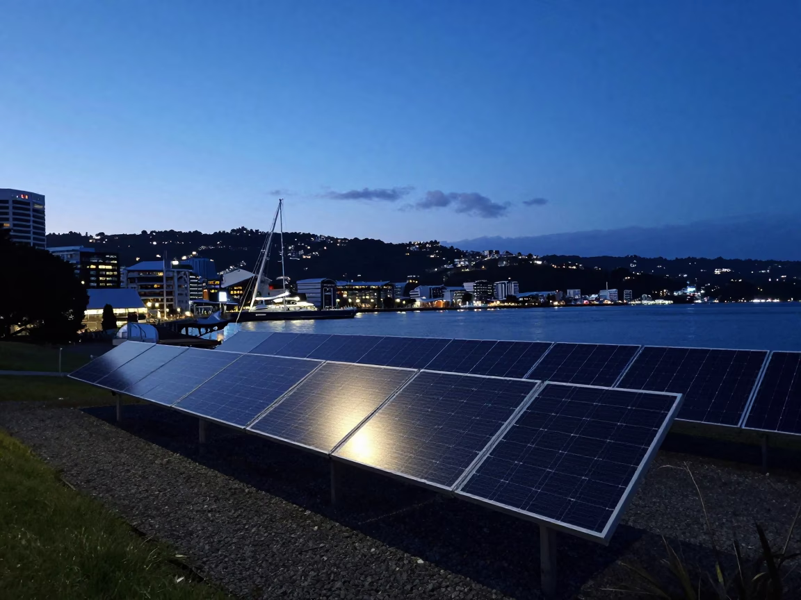 Wellington New Zealand indigo twilight harbor scene with solar arrays and vintage red car in in Wellington, New Zealand
