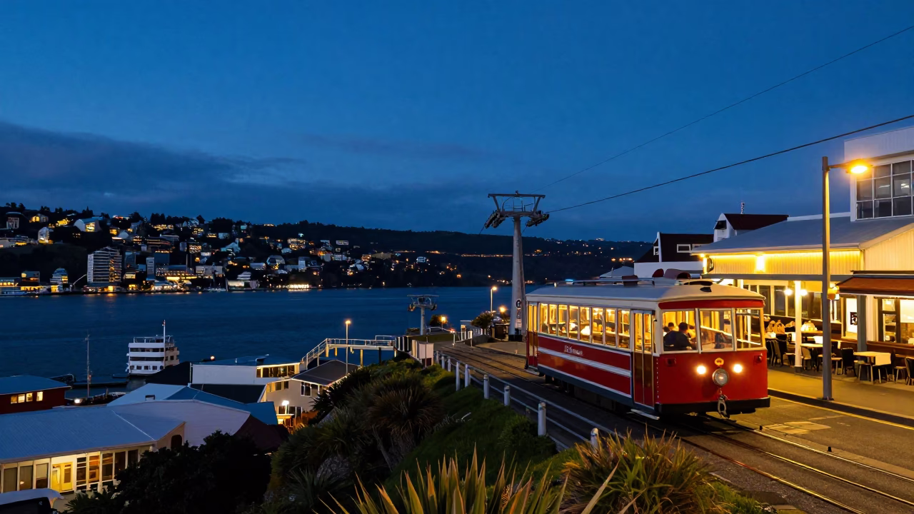 Wellington New Zealand indigo twilight street scene with funicular and harbor lights in in Wellington, New Zealand