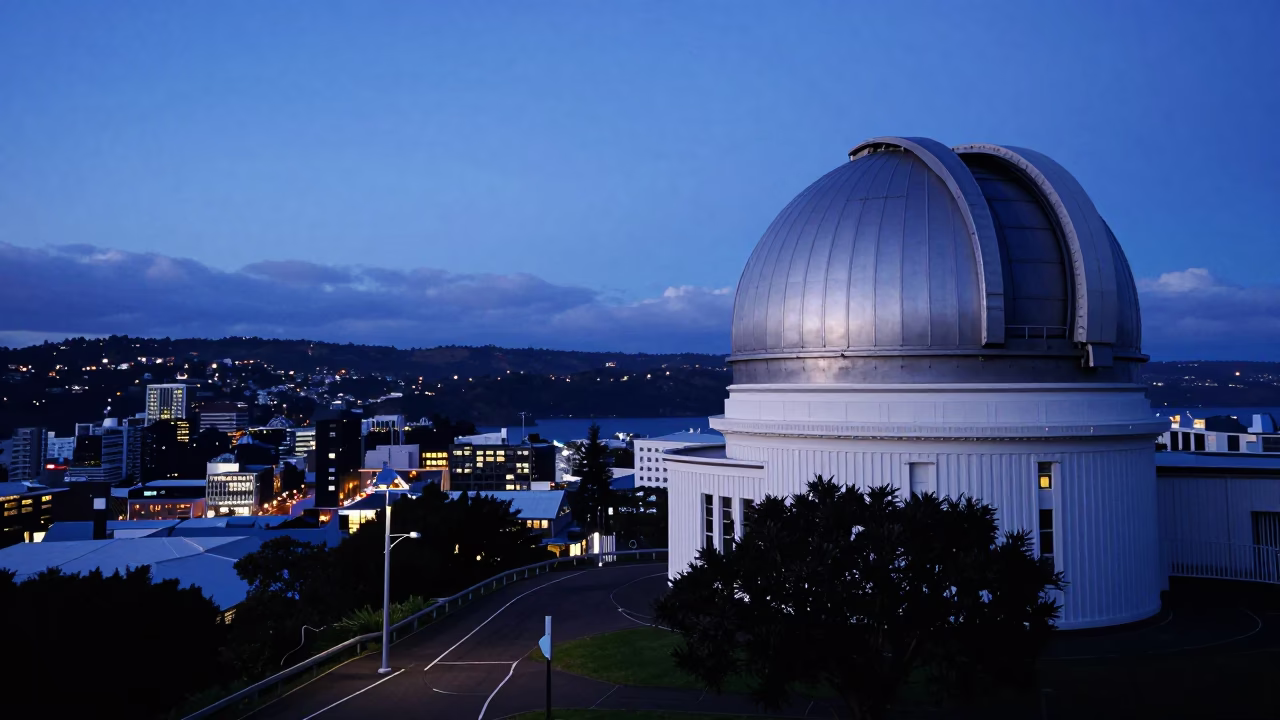 Wellington New Zealand indigo twilight street scene with observatory dome and vintage 1960s aesthetic in in Wellington, New Zealand
