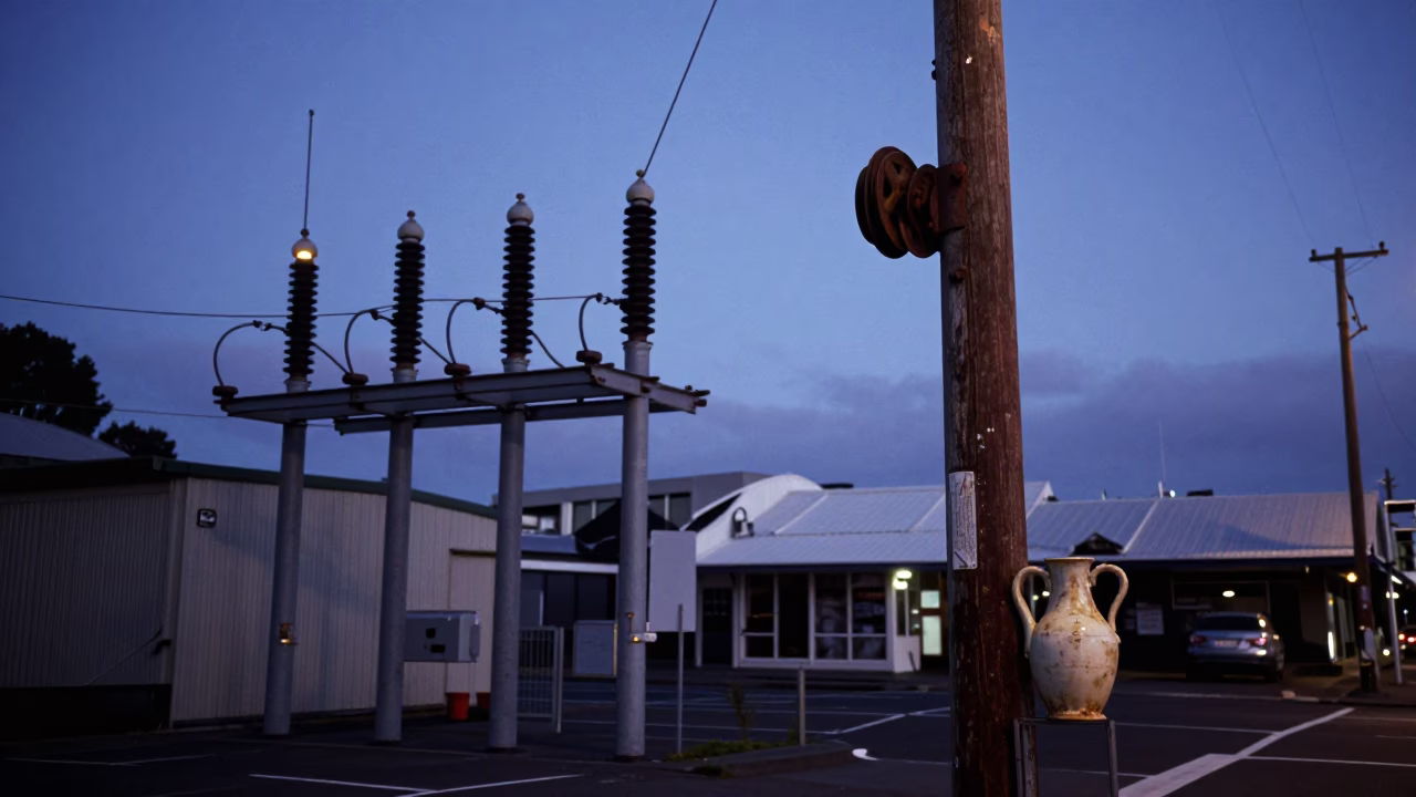Wellington New Zealand indigo twilight street scene with substation busbars and urban infrastructure in in Wellington, New Zealand