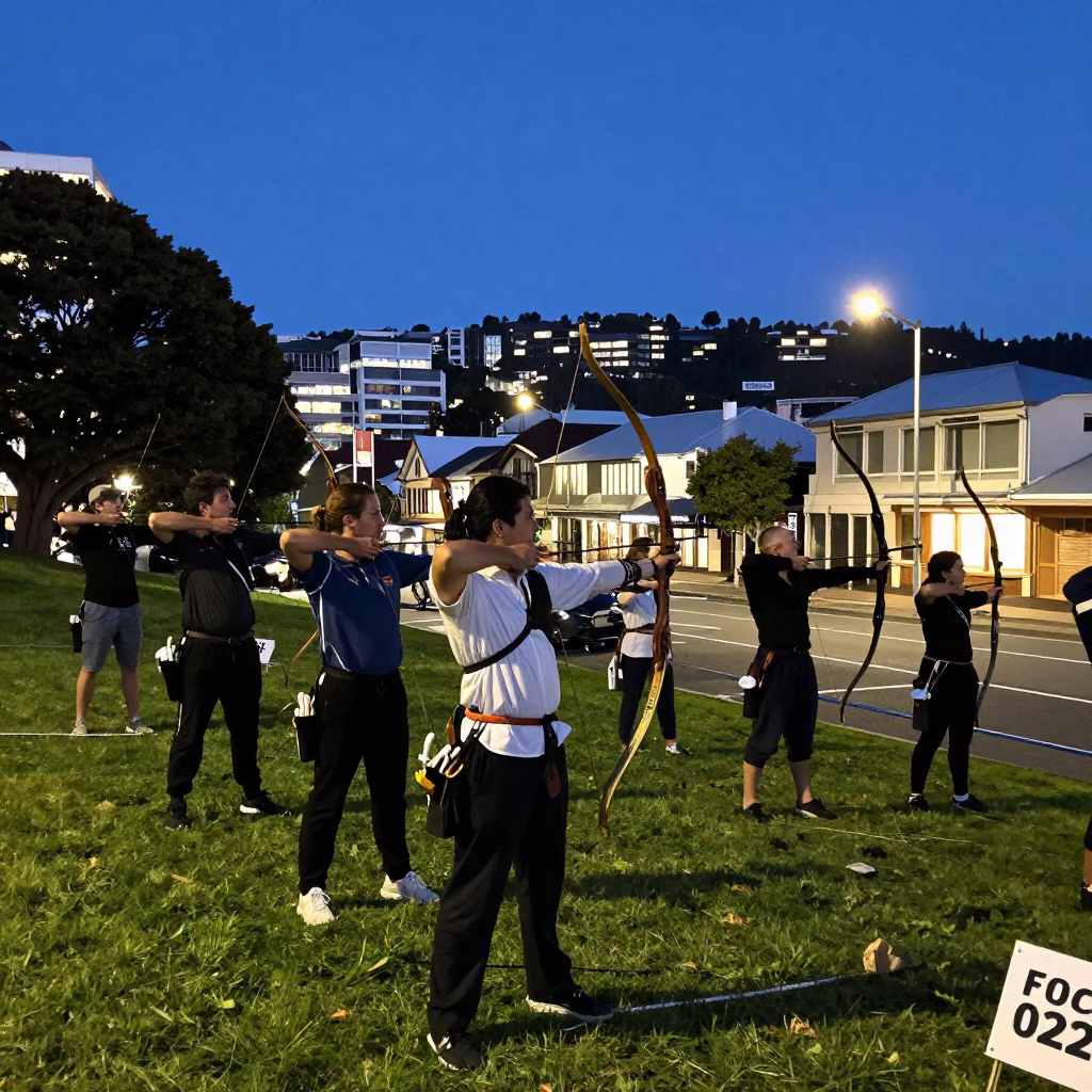 Wellington New Zealand indigo twilight street scene with traditional archery contest participants in in Wellington, New Zealand