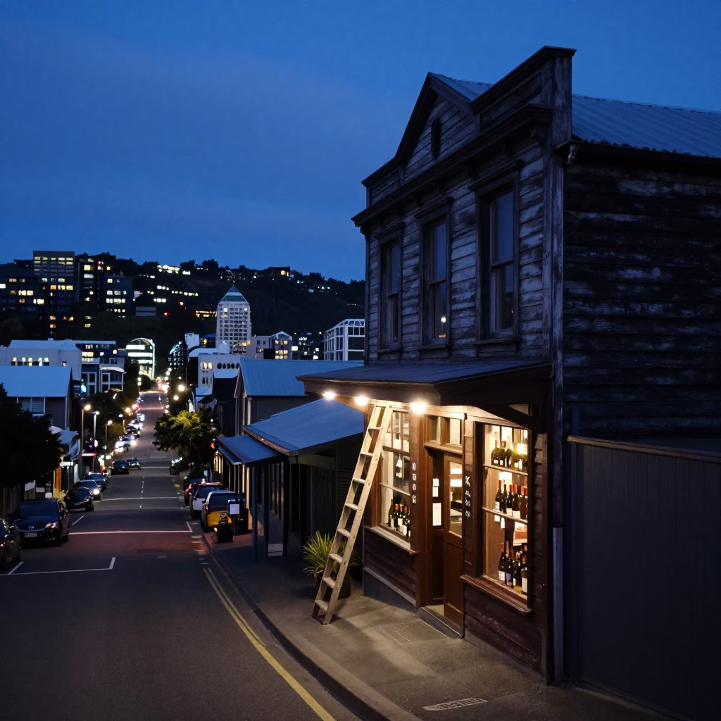 Wellington New Zealand Indigo Twilight Street Scene with Wine Shop Ladder and Bottle Notes in in Wellington, New Zealand