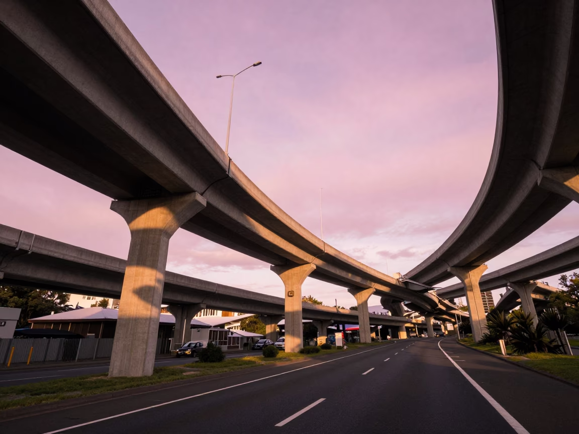 Wellington New Zealand Late Afternoon Highway Flyover Stack Against Pink Evening Sky in in Wellington, New Zealand