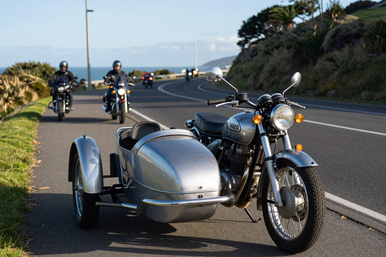 Wellington New Zealand Late Afternoon Street Scene with Vintage Motorcycle and Coastal Highway Background in in Wellington, New Zealand