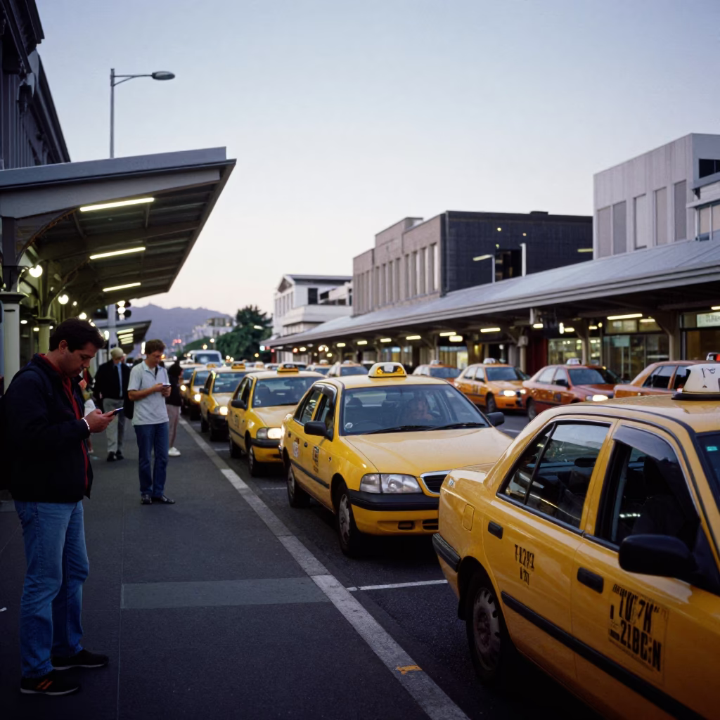 Wellington New Zealand Late Afternoon Taxi Rank Outside Train Station Twilight Scene in in Wellington, New Zealand