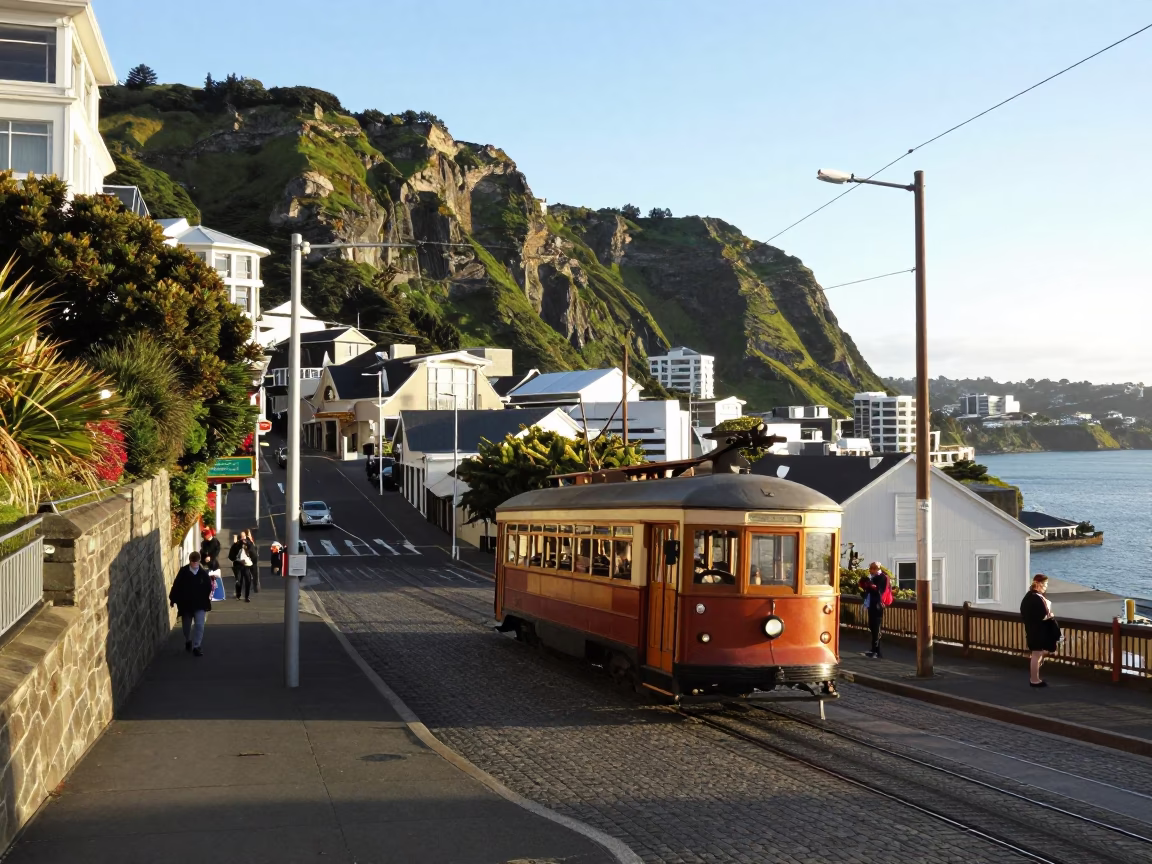 Wellington New Zealand late morning street scene with coastal cliffs and historic architecture in in Wellington, New Zealand