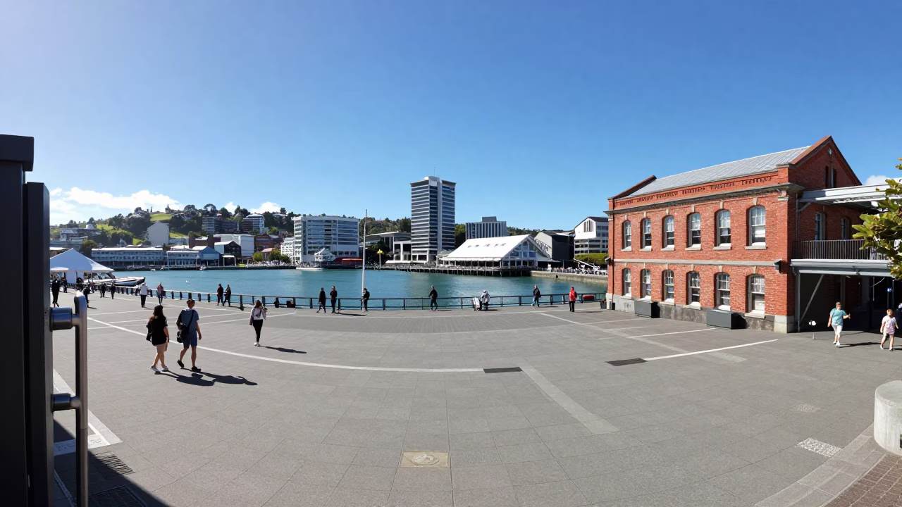 Wellington New Zealand Midday Cityscape View of Harbour and Red Brick Buildings in in Wellington, New Zealand