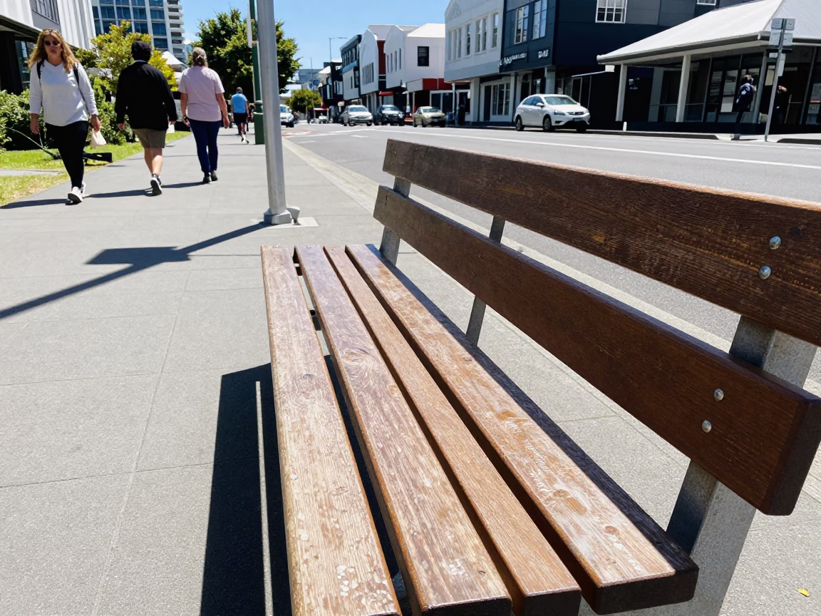 Wellington New Zealand Midday Street Scene with Wooden Bench and Urban Architecture in in Wellington, New Zealand