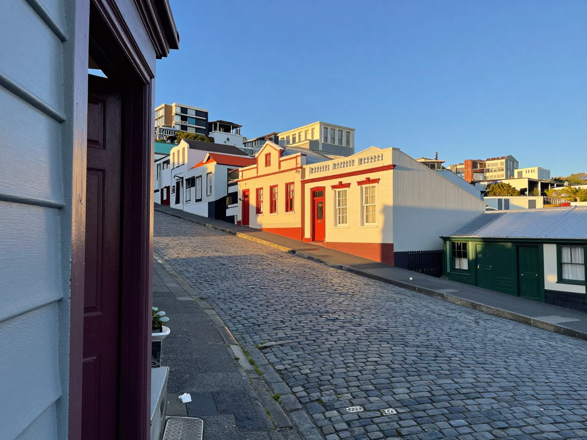 Wellington New Zealand Morning Light on Cobblestone Street with Doorframe and Doormat in in Wellington, New Zealand