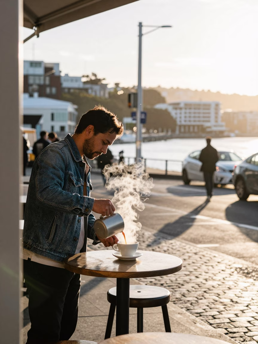 Wellington New Zealand Morning Street Scene with Coffee and Urban Details in in Wellington, New Zealand