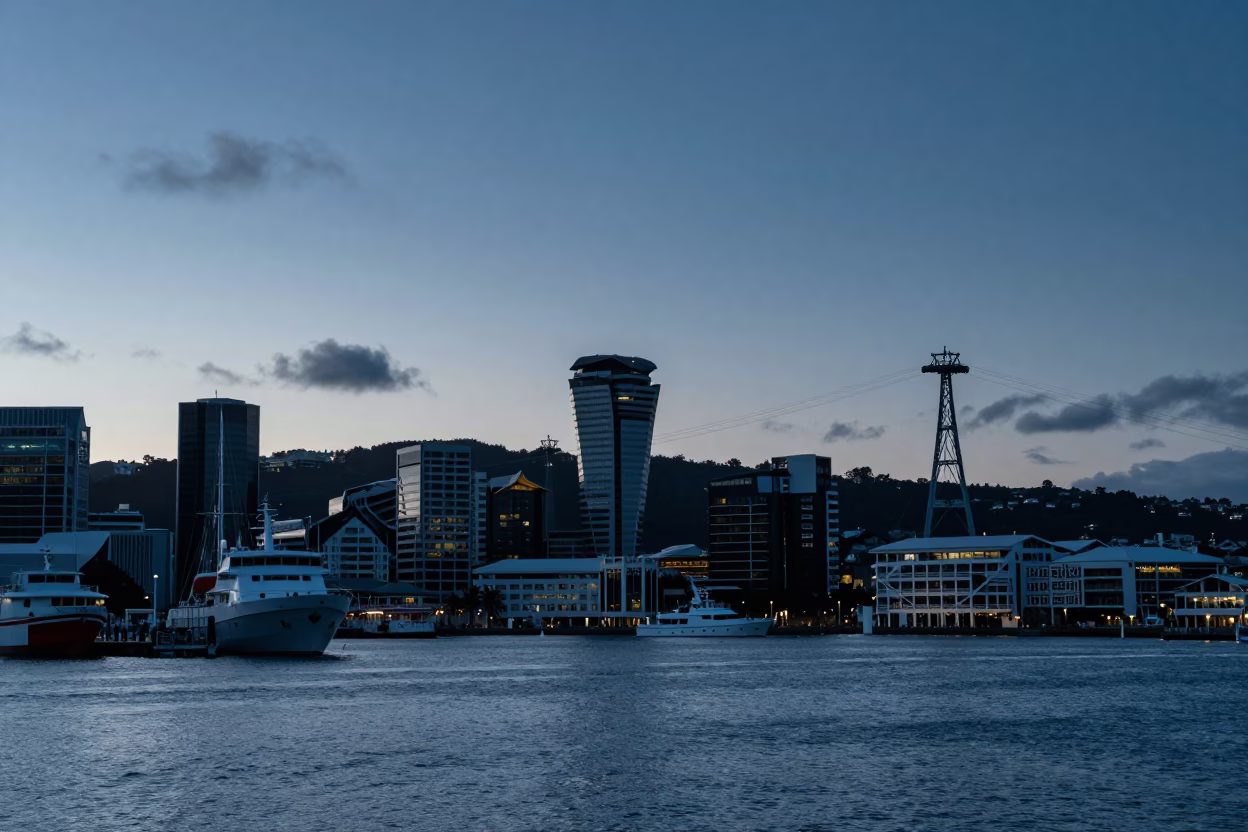 Wellington New Zealand Nautical Dawn Skyline Harbor View with Early Morning Mist in in Wellington, New Zealand