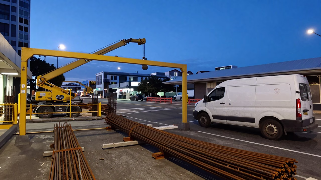 Wellington New Zealand Nautical Dawn Street Scene with Construction Elevator Gate and Rebar Bundles in in Wellington, New Zealand
