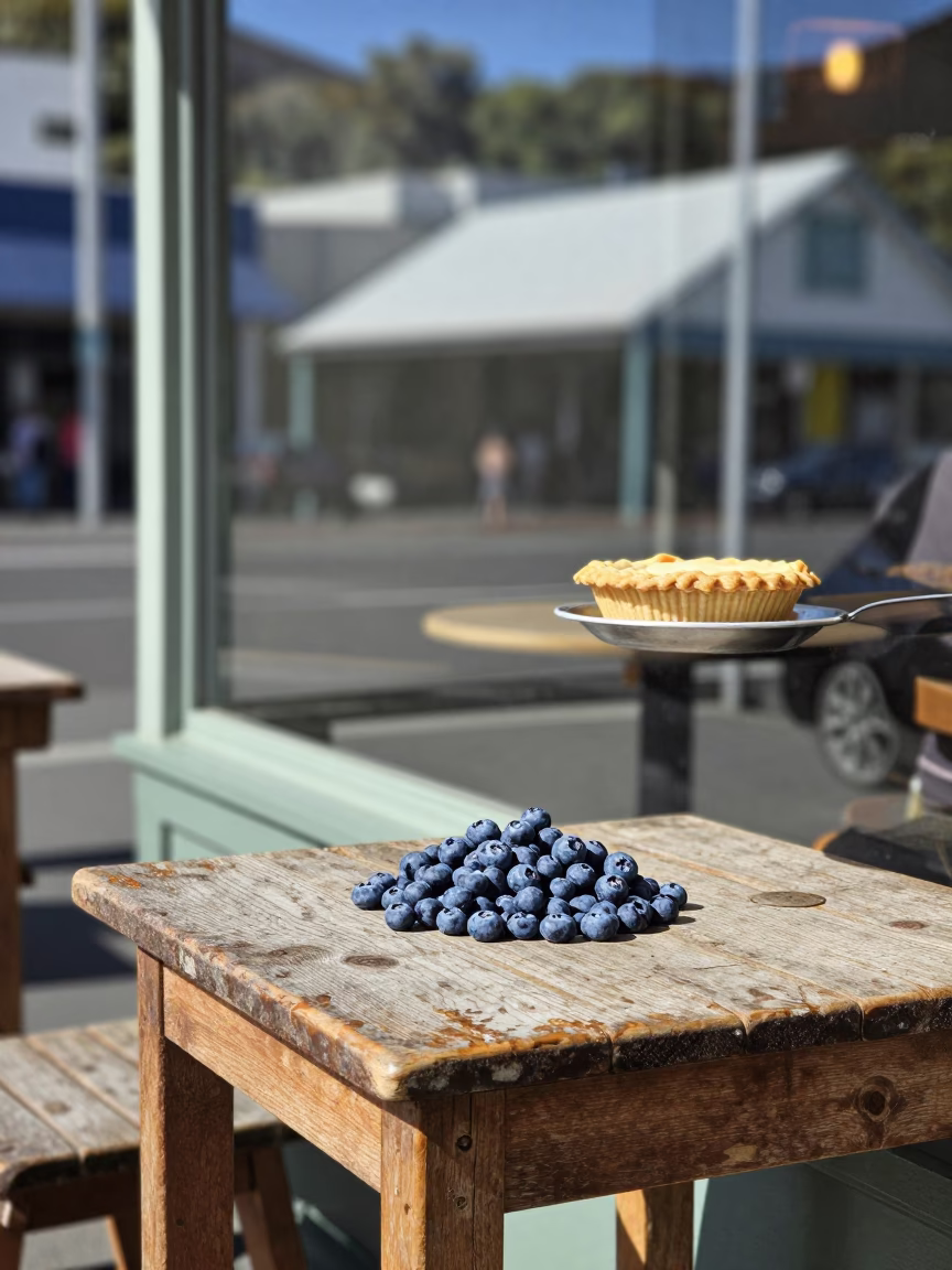 Wellington New Zealand noon street scene with blueberries and pie server on cafe table in in Wellington, New Zealand