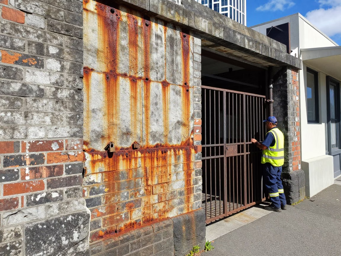 Wellington New Zealand Noon Street Scene with Rusty Wall and Padlock in in Wellington, New Zealand