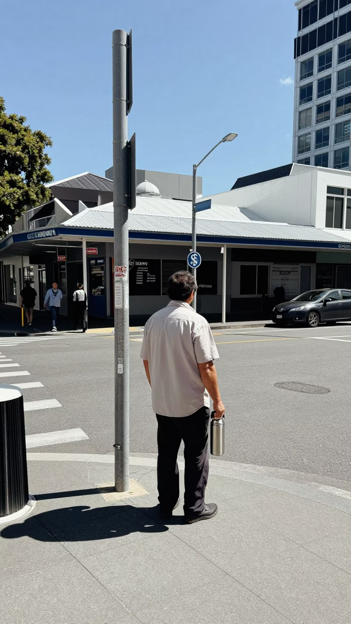 Wellington New Zealand Noon Street Scene with Worker and Thermos in in Wellington, New Zealand