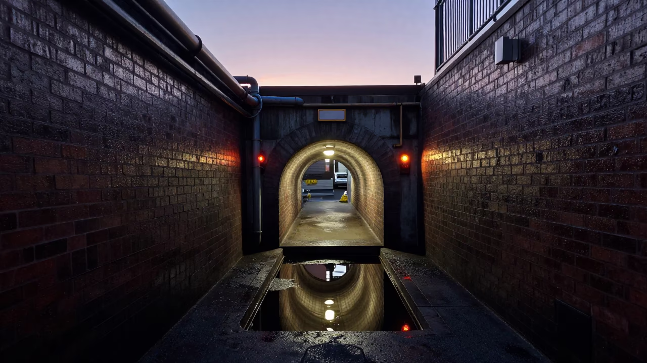 Wellington New Zealand Service Tunnel Sump Reflecting Pipework and Blinking Indicators Before Sunrise in in Wellington, New Zealand