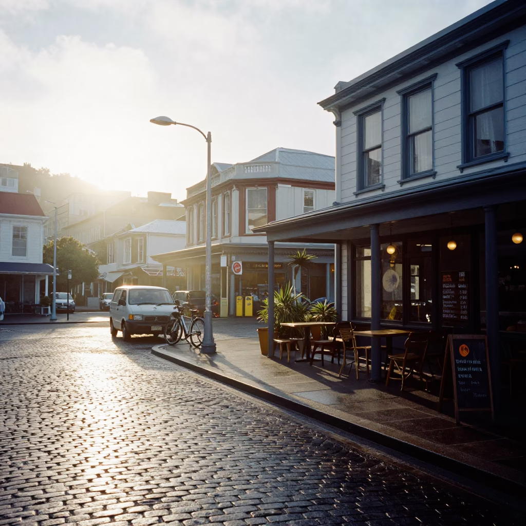 Wellington New Zealand Street Scene After Sunrise with Local Cafe Details in in Wellington, New Zealand