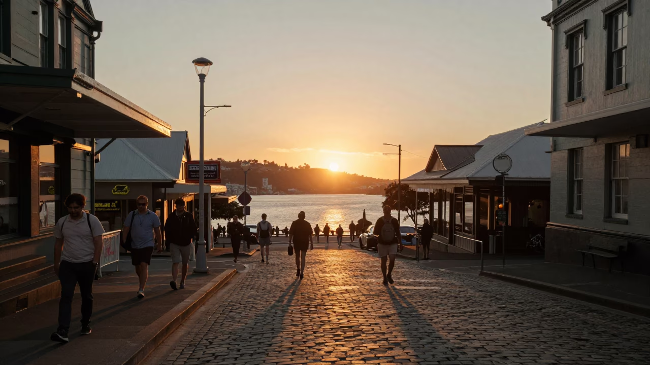 Wellington New Zealand Street Scene at Sunset with Vintage 1980s Aesthetic in in Wellington, New Zealand
