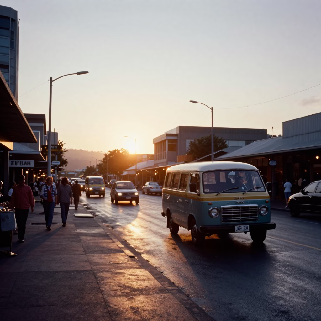 Wellington New Zealand Street Scene with Matatu and Market Traffic at Sunset in in Wellington, New Zealand