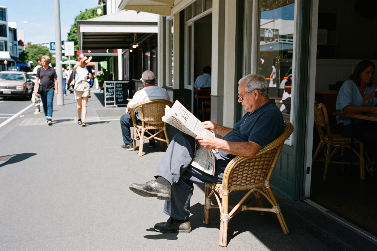 Wellington New Zealand street scene with rattan chair and local interaction in in Wellington, New Zealand