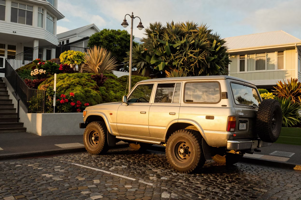 Wellington New Zealand Street Scene with Vintage SUV and Moss Garden in Evening Light in in Wellington, New Zealand