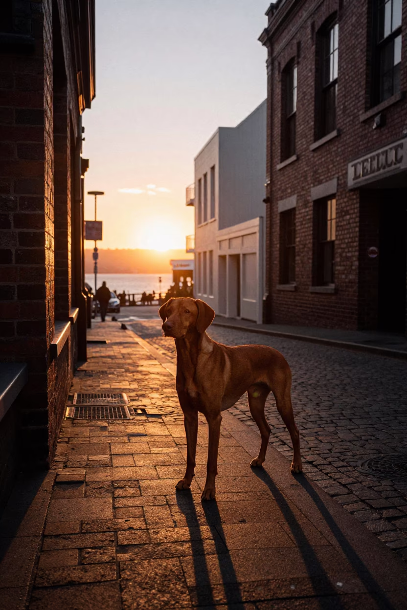 Wellington New Zealand Street Scene with Vizsla Dog and Sunset Horizon Light in in Wellington, New Zealand
