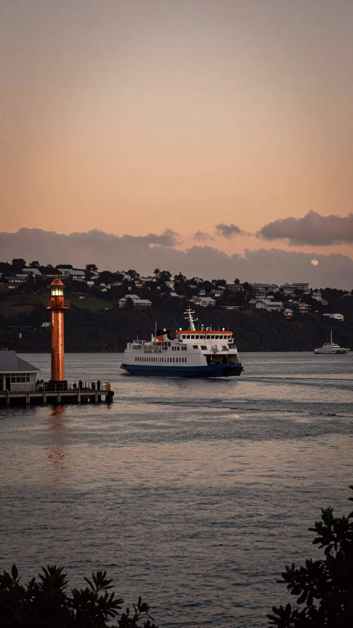 Wellington New Zealand Sunset Ferry Crossing Copper Light Harbour View in in Wellington, New Zealand
