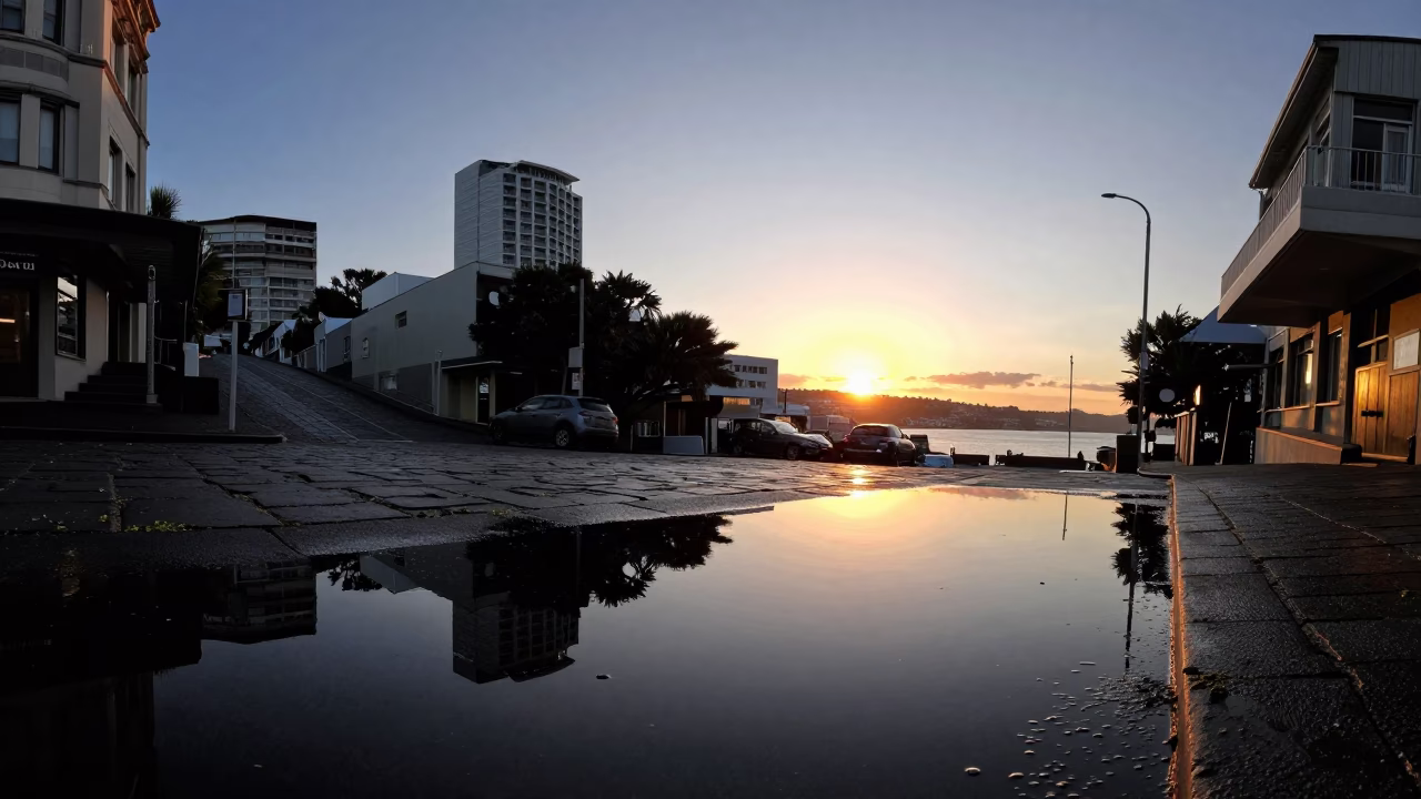 Wellington New Zealand Sunset Horizon Street Scene with Puddle Reflections and Vintage Cars in in Wellington, New Zealand