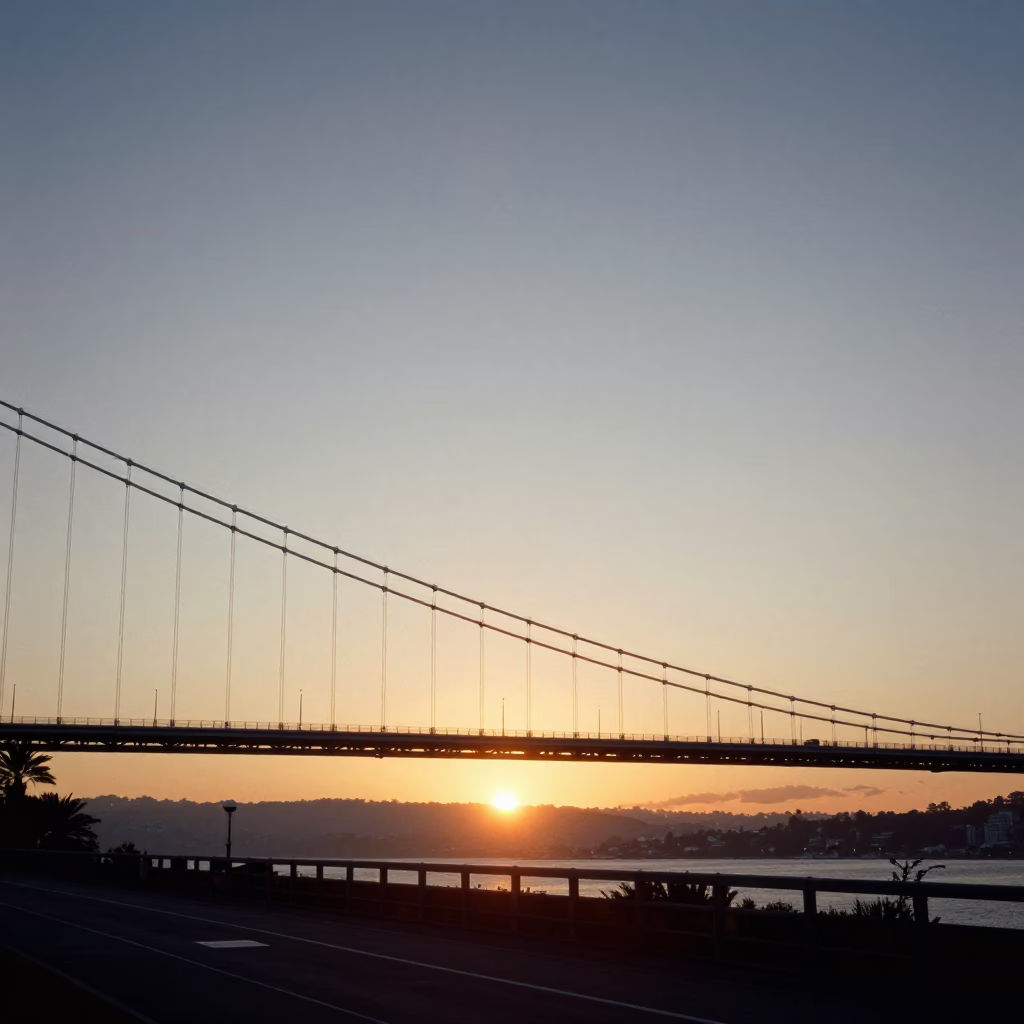 Wellington New Zealand Sunset Horizon View of Suspension Bridge Deck After Storm in in Wellington, New Zealand