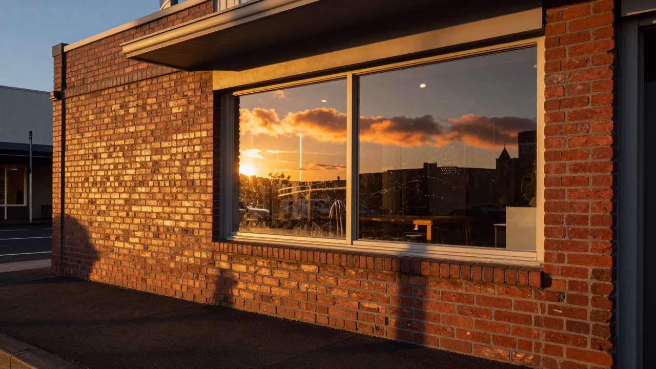 Wellington New Zealand Sunset Street Scene with Grease Sheen on Window Glass in in Wellington, New Zealand