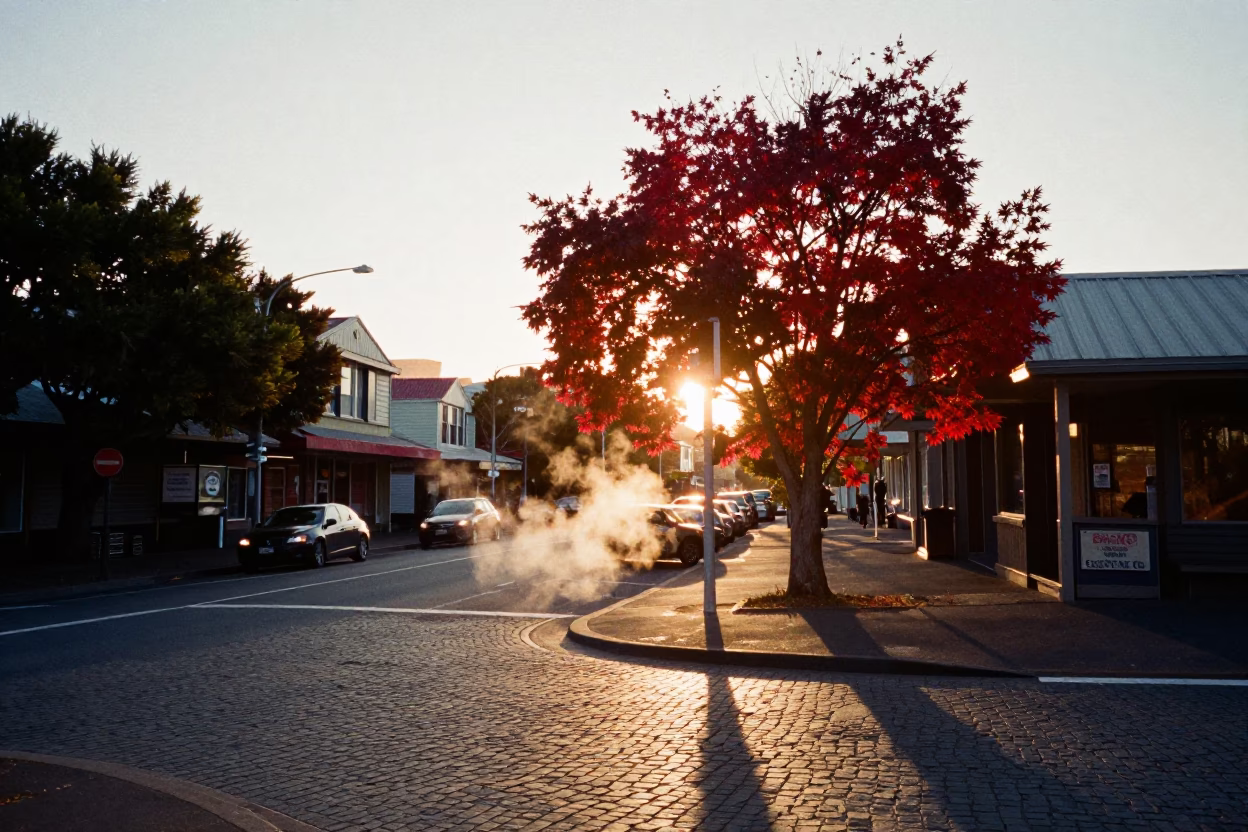 Wellington New Zealand Sunset Street Scene with Japanese Maple and Steam Haze in in Wellington, New Zealand