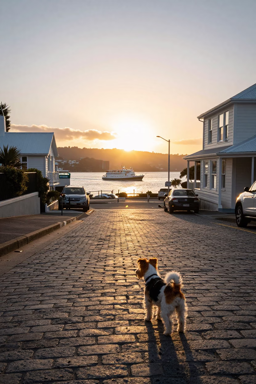 Wellington New Zealand Sunset Street Scene with Toy Fox Terrier and Local Urban Details in in Wellington, New Zealand