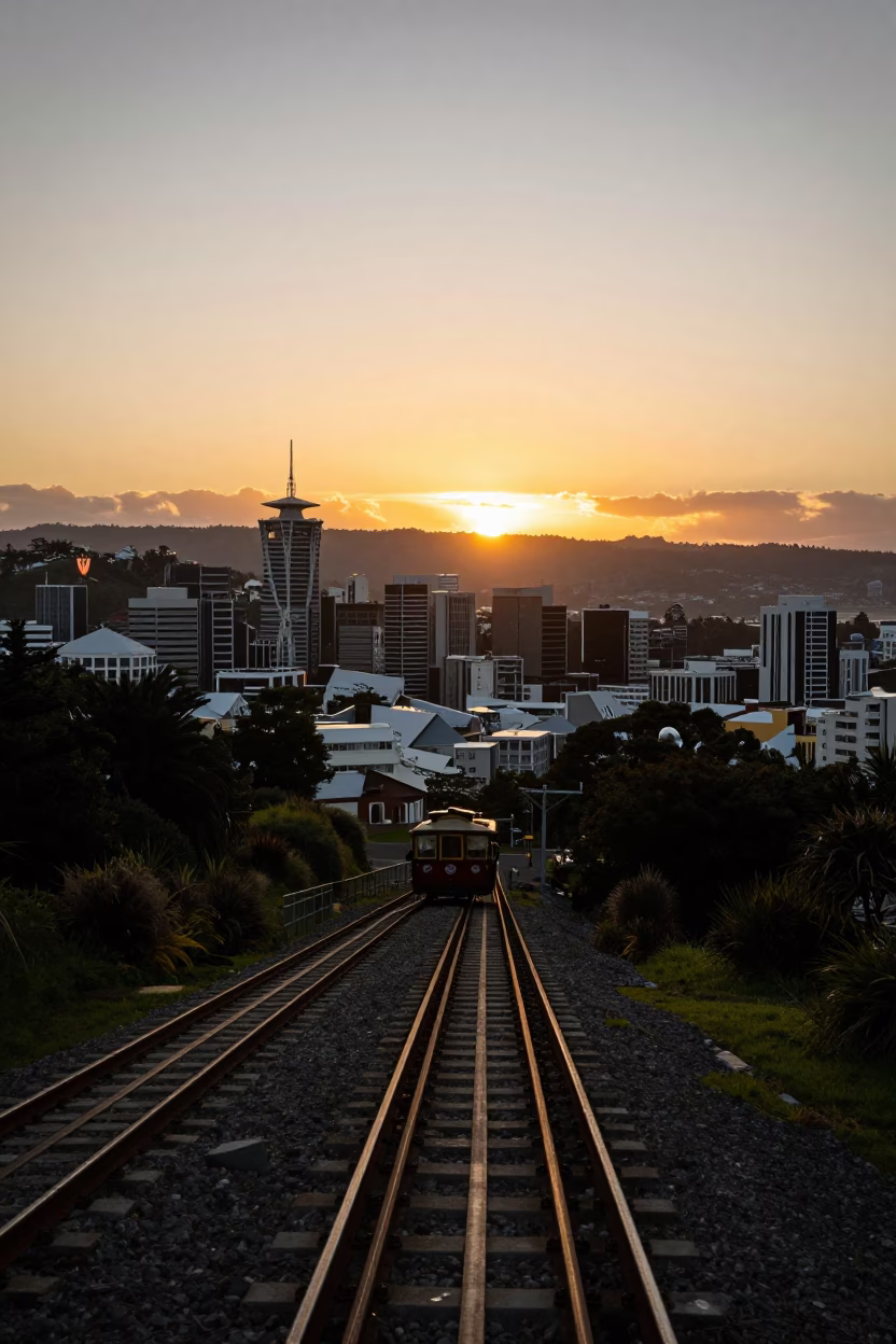 Wellington New Zealand Sunset View from Cable Car Track with City Skyline and Harbour in in Wellington, New Zealand