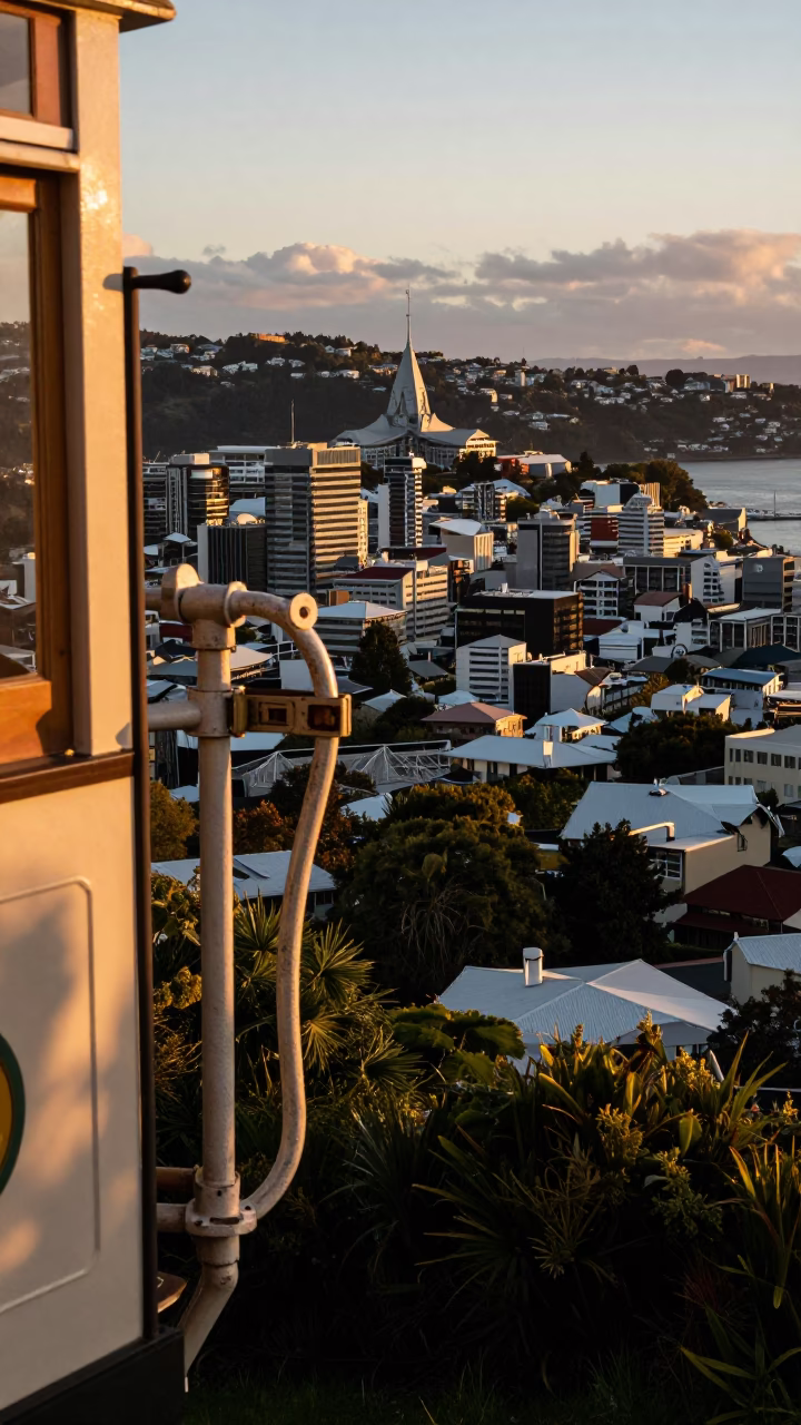 Wellington New Zealand Sunset View from Cable Car Turnbuckle and City Skyline in in Wellington, New Zealand