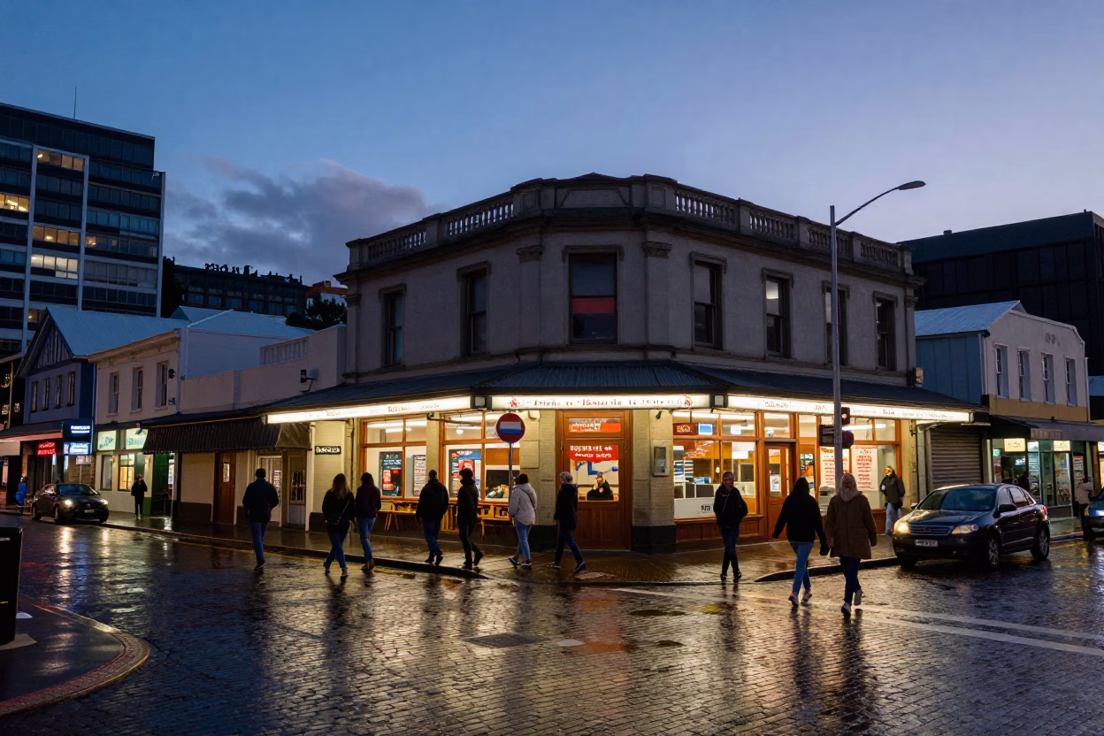 Wellington New Zealand Twilight Street Scene with Local Diner and Urban Architecture in in Wellington, New Zealand