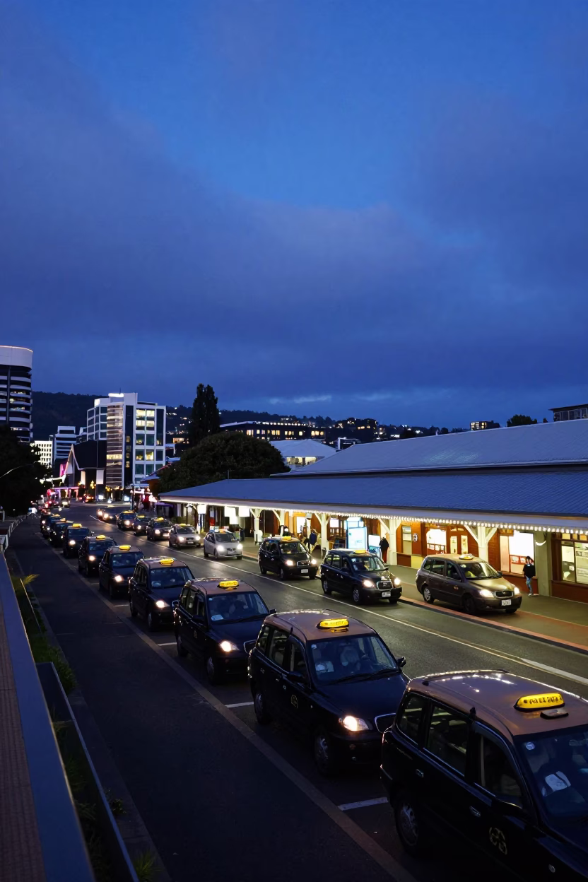 Wellington New Zealand Twilight Taxi Rank Outside Railway Station in in Wellington, New Zealand