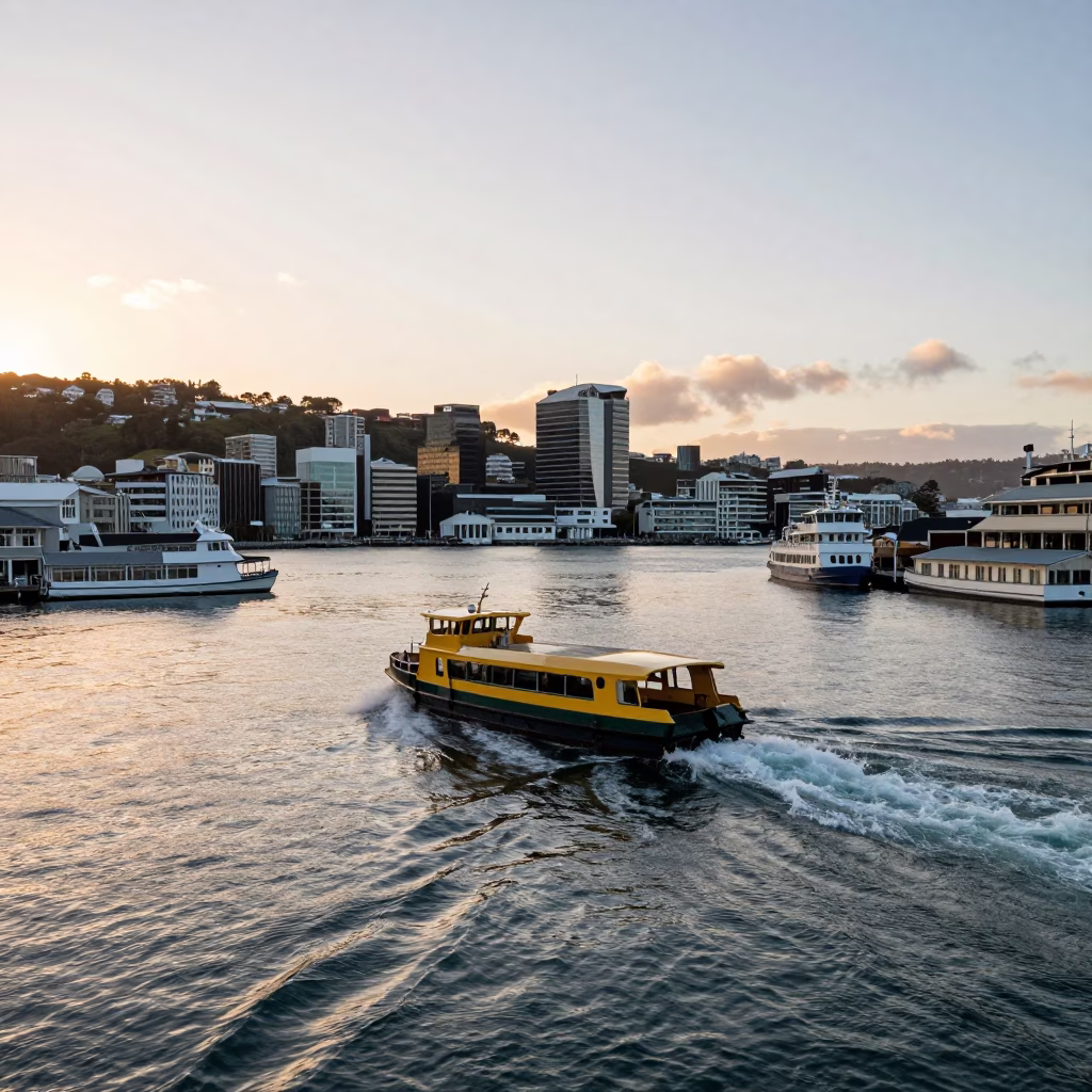 Wellington New Zealand Water Taxi Zigzagging Through Harbor at Sunset with Houseboats in in Wellington, New Zealand
