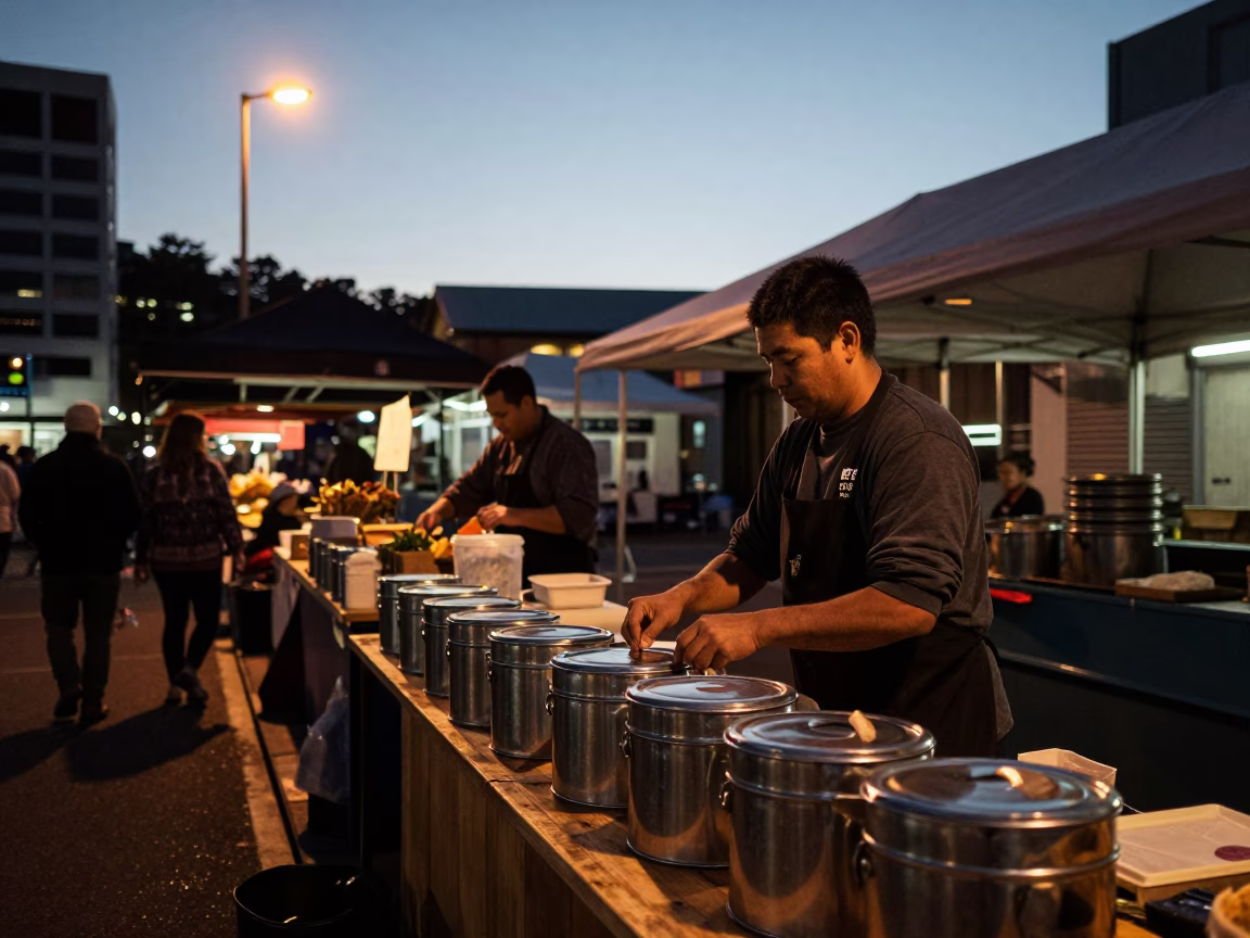 Wellington Night Market Vendor Preparing Food Before Dawn in New Zealand in in Wellington, New Zealand