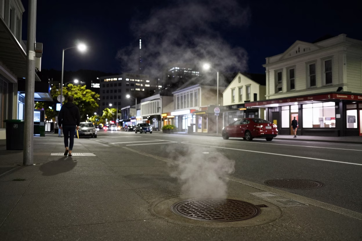 Wellington Night Street Scene Under Deep Sky With Steam Haze And Urban Details in in Wellington, New Zealand