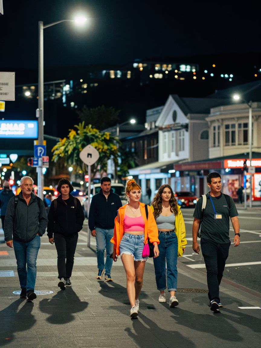 Wellington Night Street Scene with Colorful Fashion and Urban Details in in Wellington, New Zealand